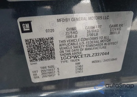 2020 Chevrolet Silverado 1500 2Wd Short Bed Lt z USA, uszkodzony, nr VIN 1GCPWCET2LZ337044